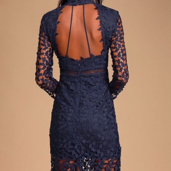 NWT Bardot Alberta Navy Lace Long Sleeve Open Back Midi Sheath Dress Size 8 - Picture 3 of 14